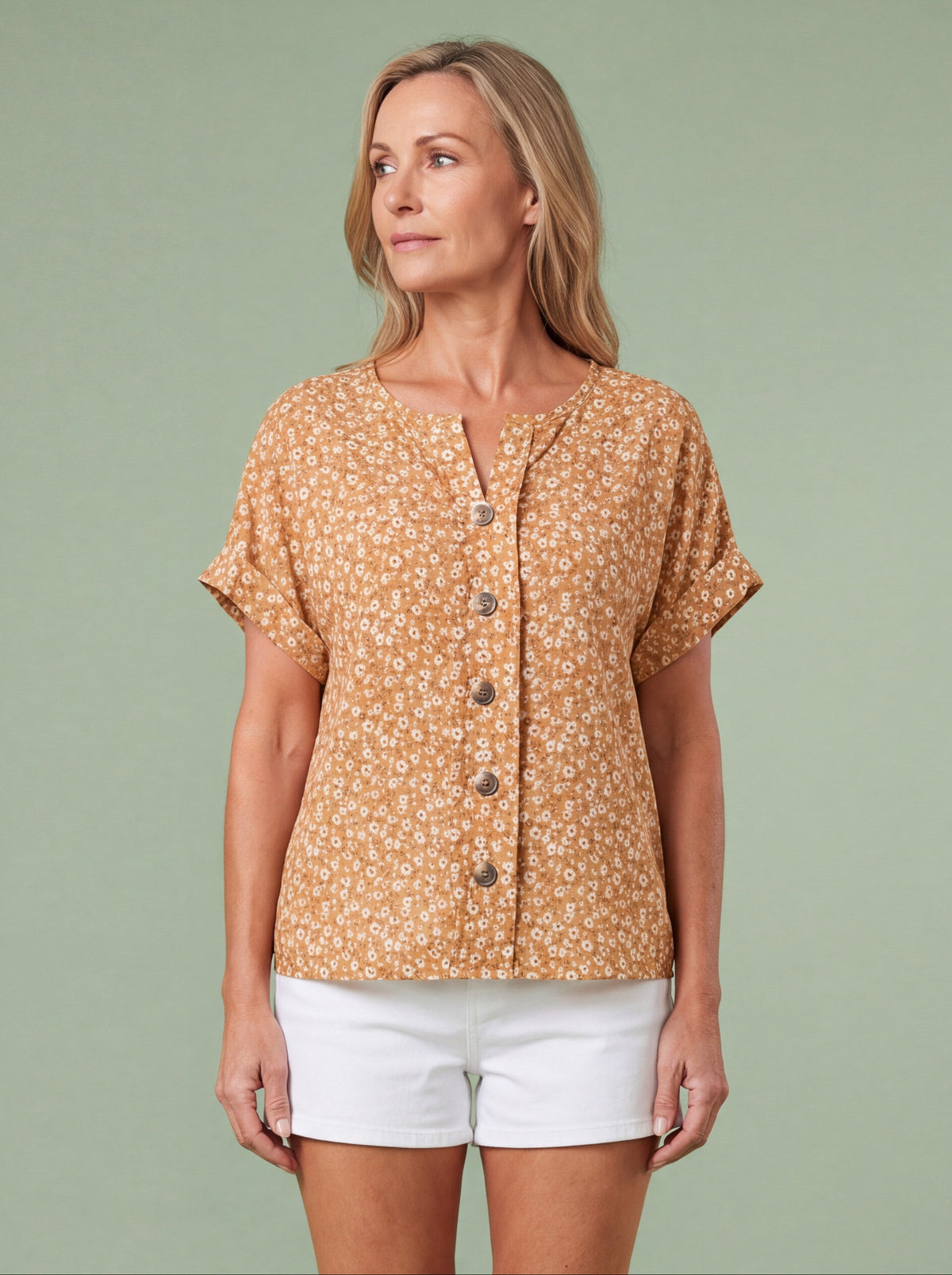 Melba Lane - yellow relaxed button through blouse, full length studio view, AU women's sizes