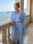 Margo & Main – Yael blue duster pant set worn by a balustrade, relaxed fit, US women's sizes