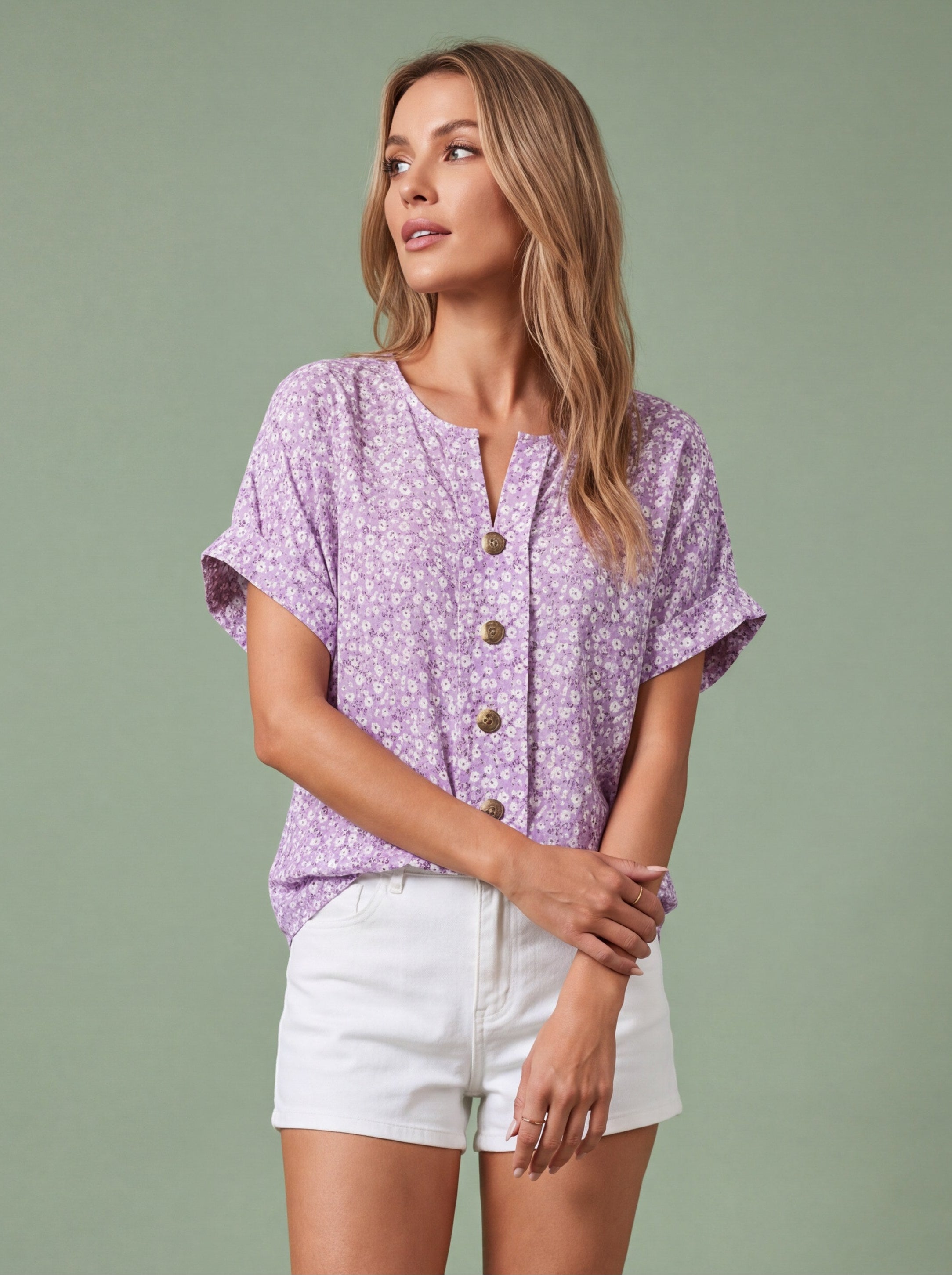 Melba Lane - lilac relaxed button through blouse, full length studio view, AU women's sizes