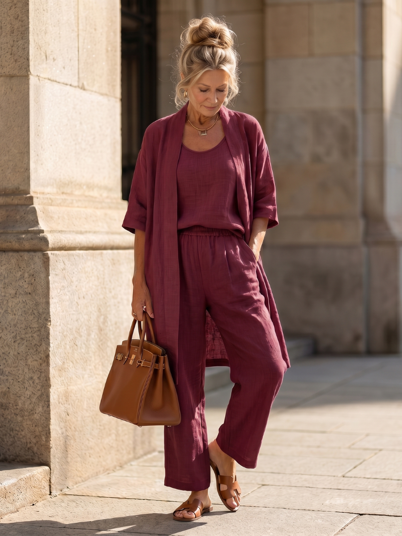 Margo & Main – Yael burgundy three-piece duster pant set, full front view, US women's sizes
