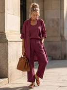 Margo & Main – Yael burgundy three-piece duster pant set, full front view, US women's sizes
