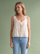 Melba Lane - white lace trim tie front cami top, full length view, AU women's sizes