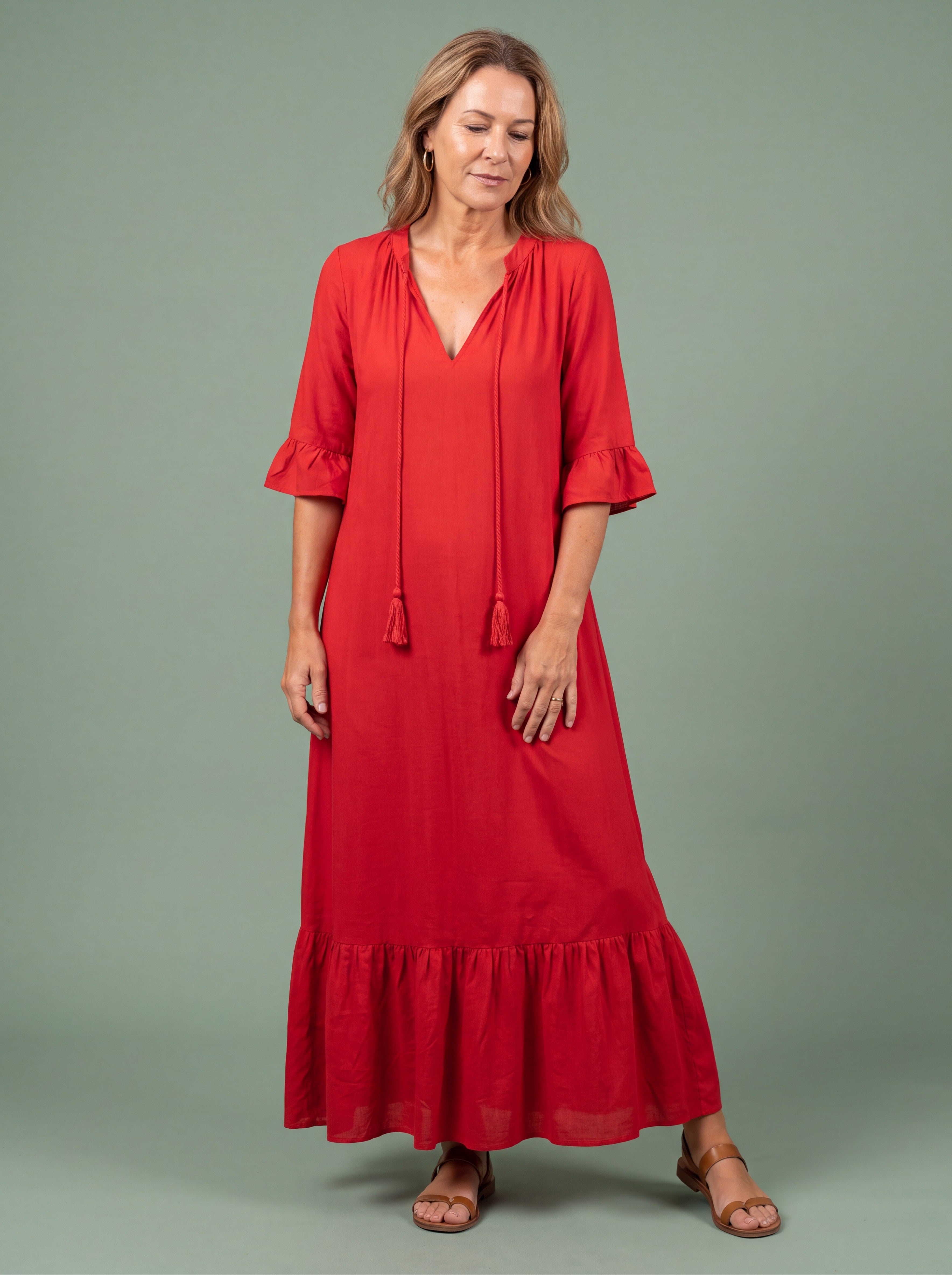 Melba Lane - red tiered print maxi dress with tassel tie, full length, AU women's sizes