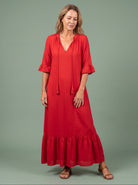 Melba Lane - red tiered print maxi dress with tassel tie, full length, AU women's sizes
