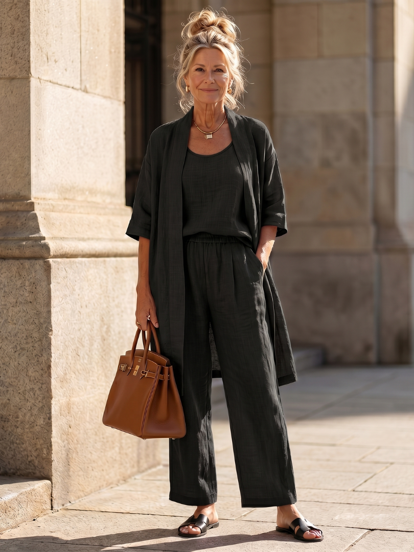Margo & Main – Yael black three-piece duster pant set, full front view worn, US women's sizes