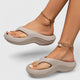 Margo & Main - taupe grey cushioned thong sandals worn stepping forward, US women's sizes