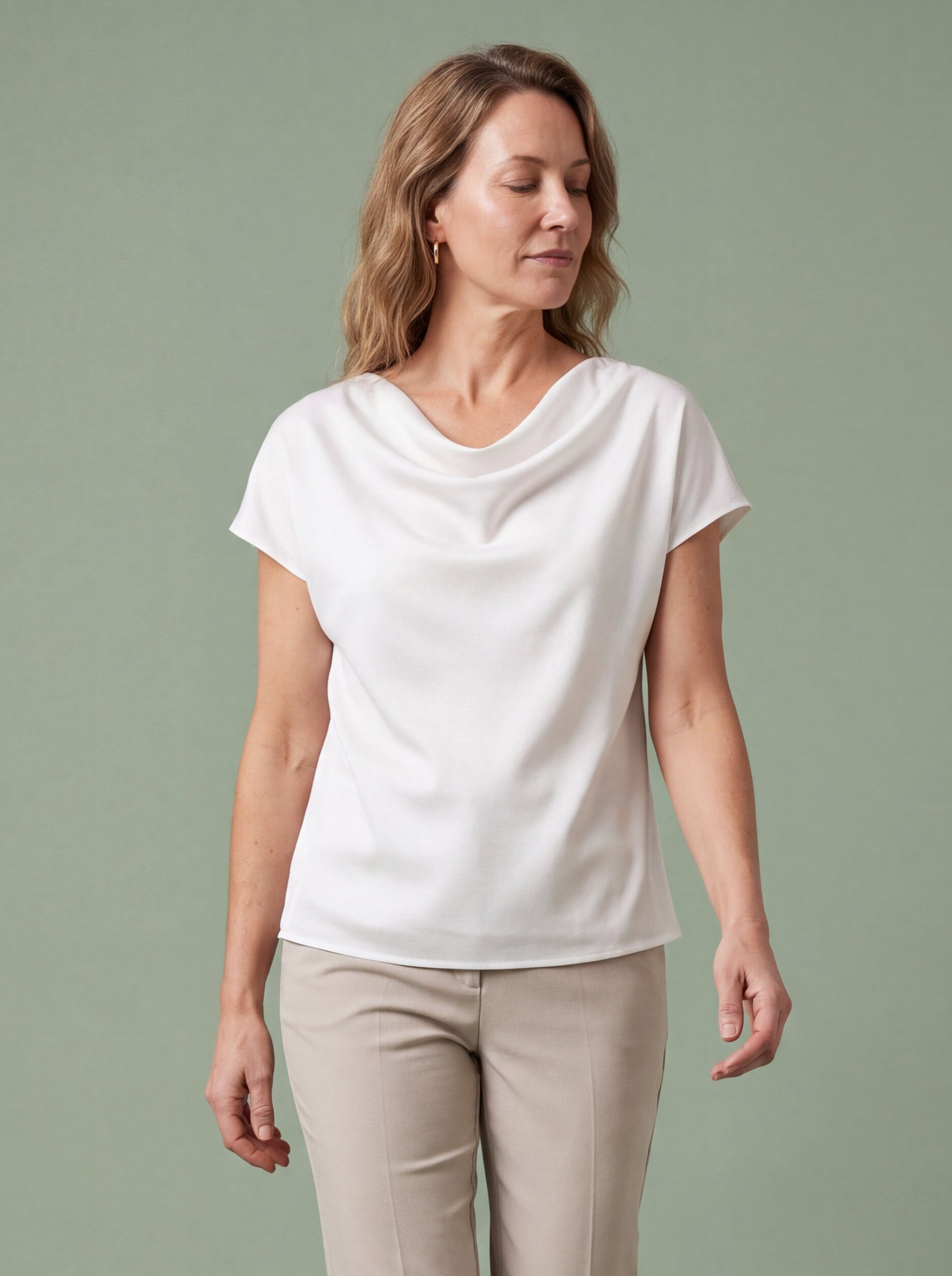 Melba Lane - white cowl neck satin top with short sleeves, full length view, AU women's sizes