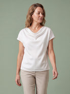 Melba Lane - white cowl neck satin top with short sleeves, full length view, AU women's sizes