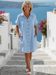Margo & Main – Briseis sky blue gauze shirt dress, full length front view on steps, US women's sizes
