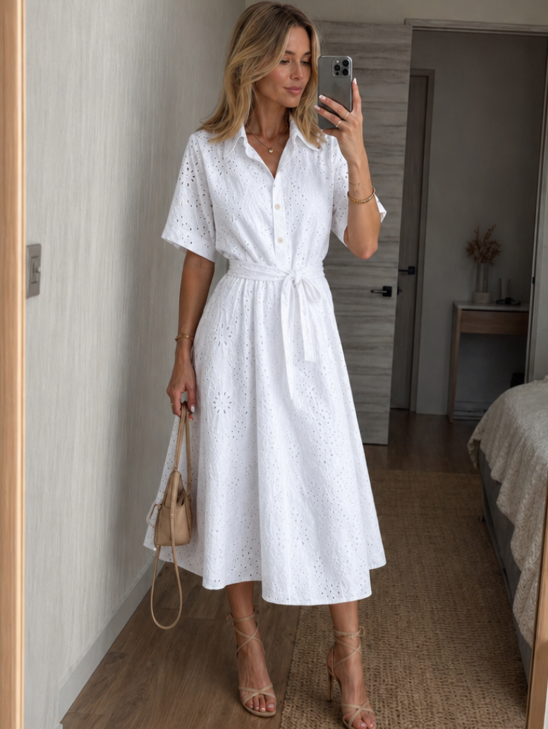 Margo & Main – Eden white eyelet button-front midi shirt dress, full front view, US women's sizes