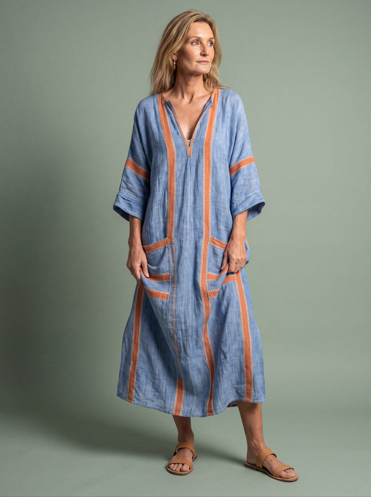 Melba Lane - blue wide sleeve resort maxi dress, full length view, AU women's sizes