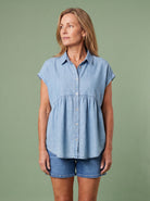 Melba Lane - light blue denim look button through blouse, full length view, AU women's sizes