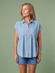 Melba Lane - light blue denim look button through blouse, full length view, AU women's sizes