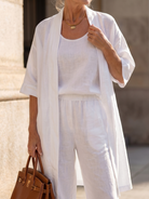 Margo & Main – Yael white tank and open duster layered, worn torso close-up, US women's sizes