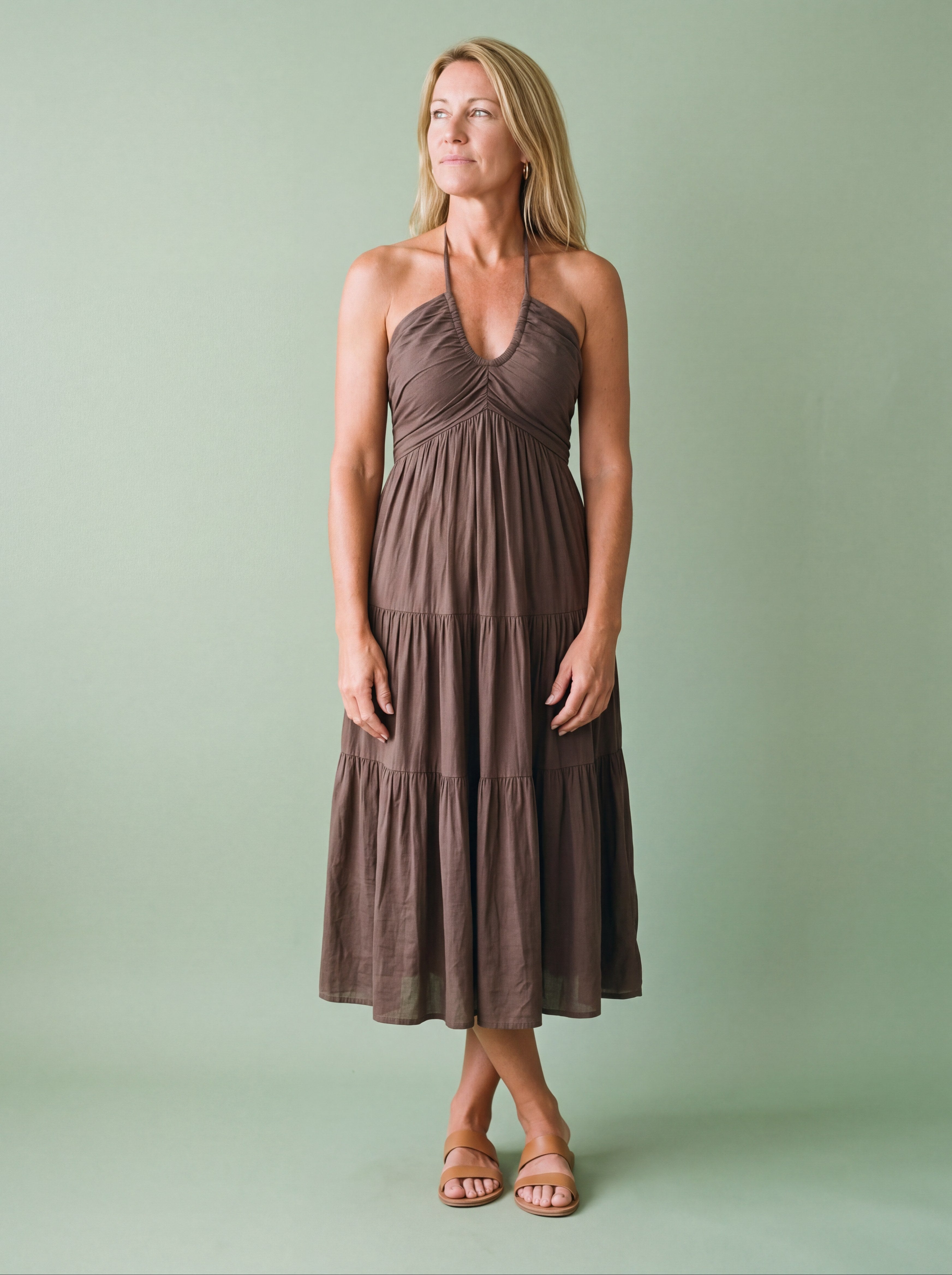 Melba Lane - brown tiered smocked midi dress with flowy skirt, full length, AU women's sizes