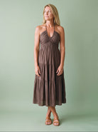 Melba Lane - brown tiered smocked midi dress with flowy skirt, full length, AU women's sizes