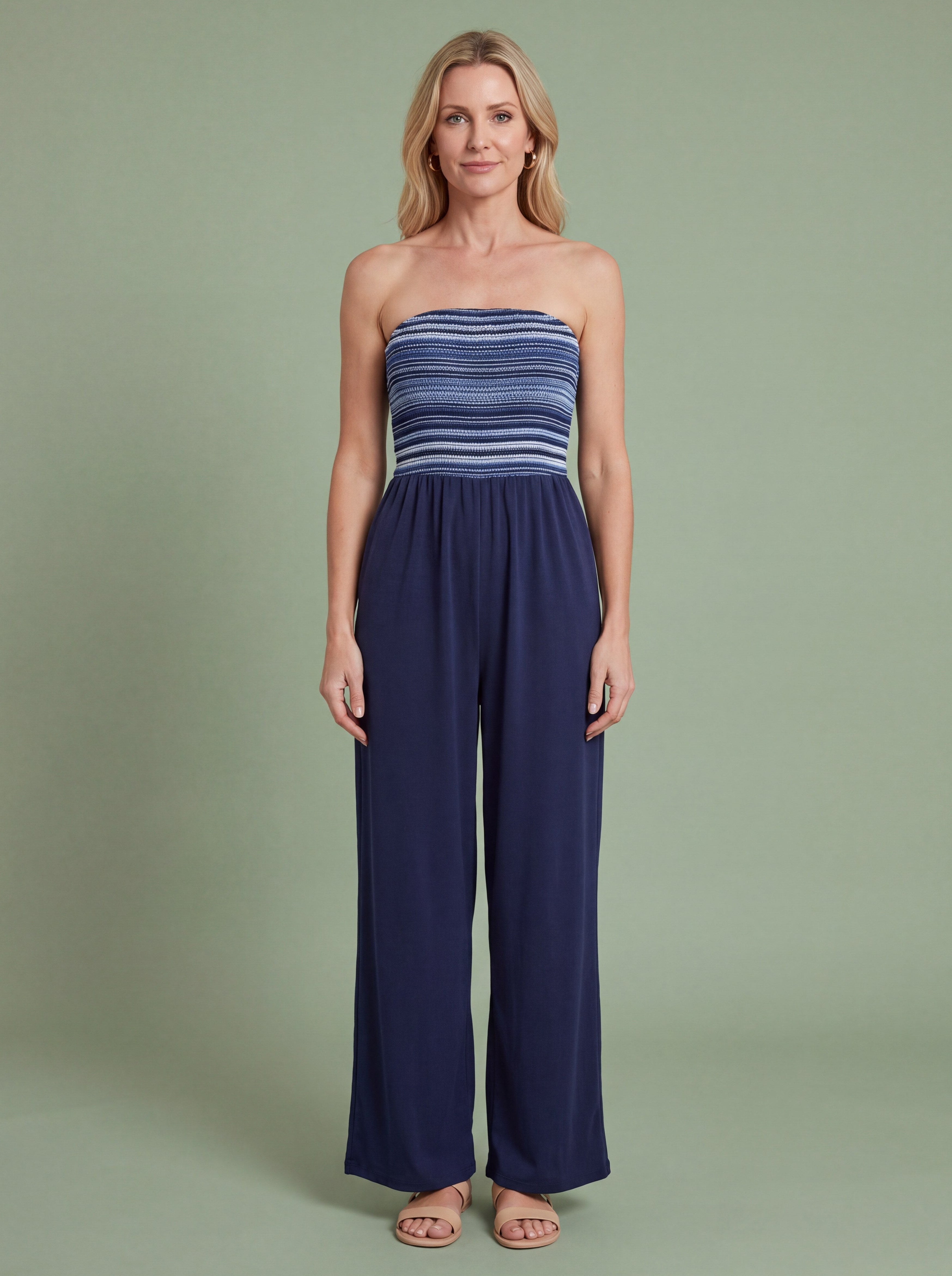 Melba Lane - navy strapless wide leg jumpsuit, full length studio view, AU women's sizes