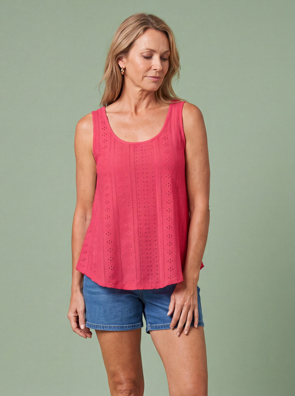Melba Lane - red eyelet detail swing tank top, full length studio view, AU women's sizes