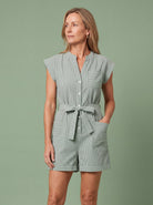 Melba Lane - green belted short sleeve romper with front buttons, full length, AU women's sizes