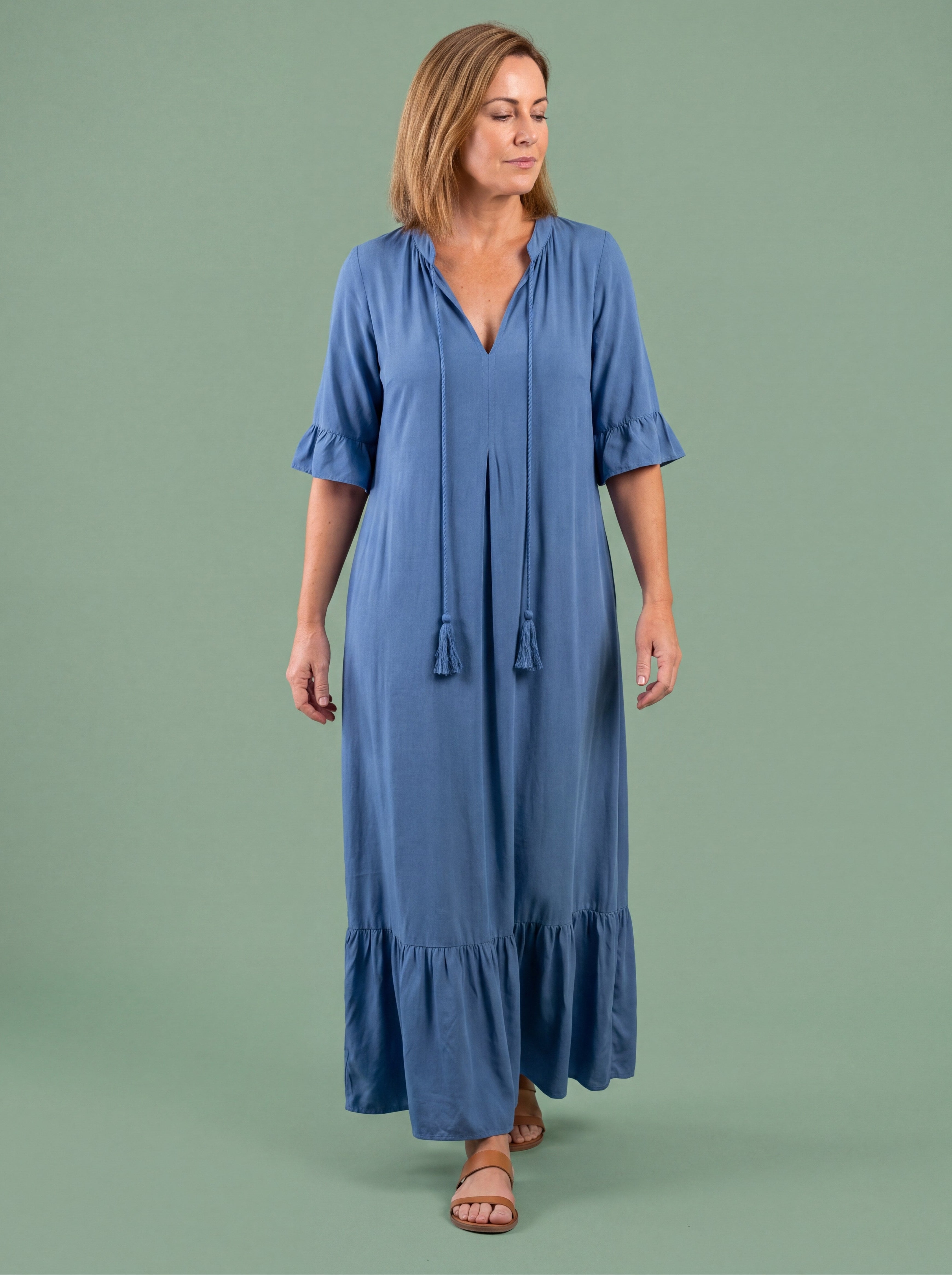 Melba Lane - blue tiered print maxi dress with tassel tie, full length, AU women's sizes