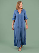 Melba Lane - blue tiered print maxi dress with tassel tie, full length, AU women's sizes