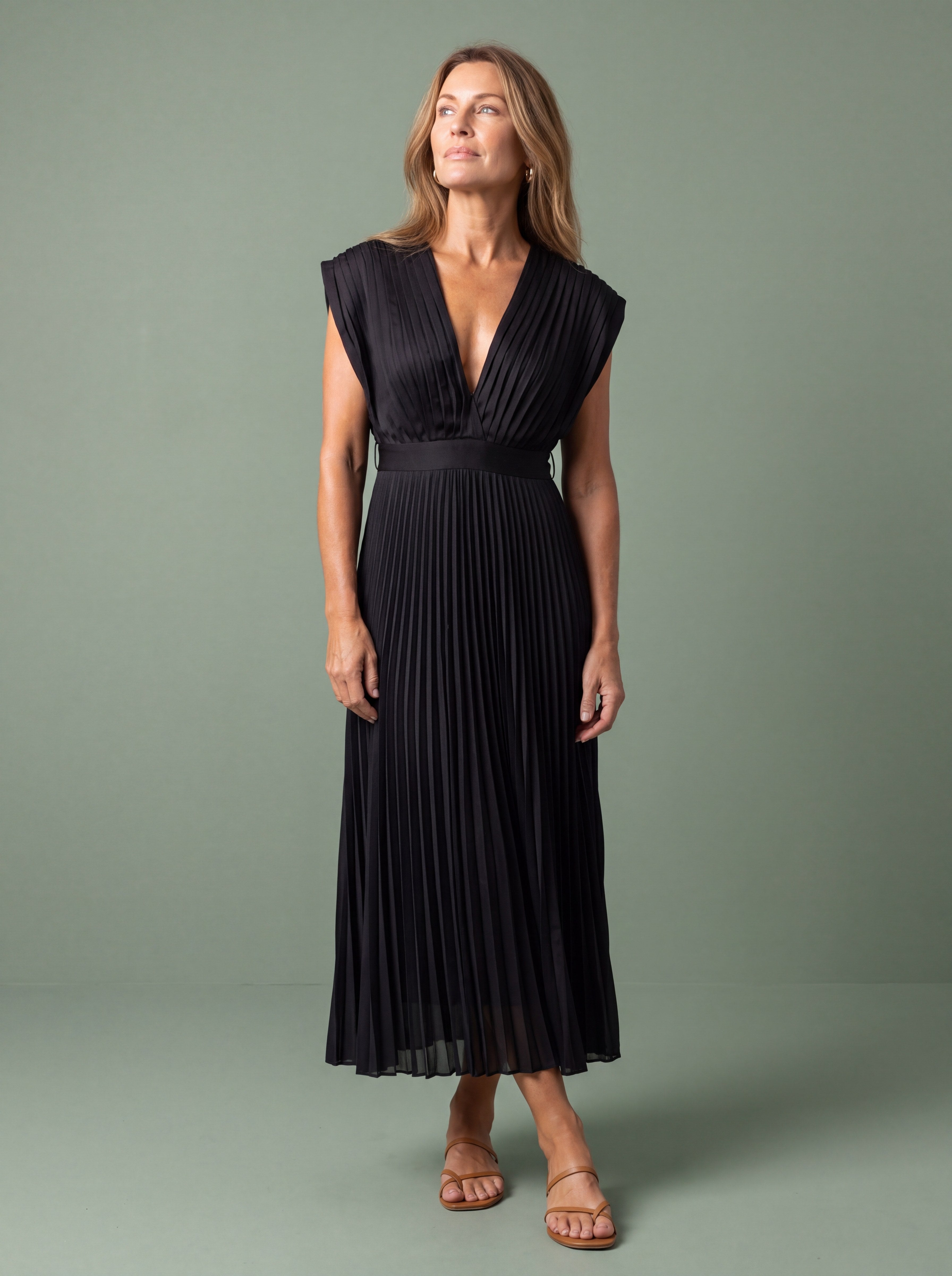 Melba Lane - black pleated V neck midi dress with deep neckline, full length, AU women's sizes