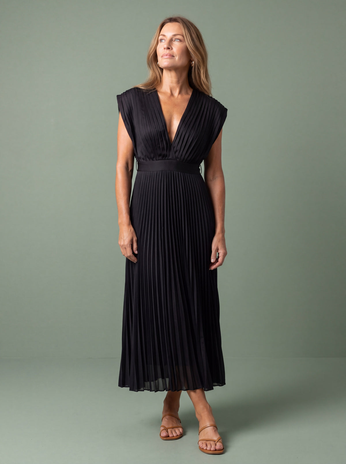 Melba Lane - black pleated V neck midi dress with deep neckline, full length, AU women's sizes