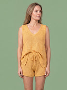 Melba Lane - yellow knit tank and shorts set, full length studio view, AU women's sizes