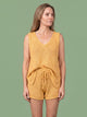 Melba Lane - yellow knit tank and shorts set, full length studio view, AU women's sizes
