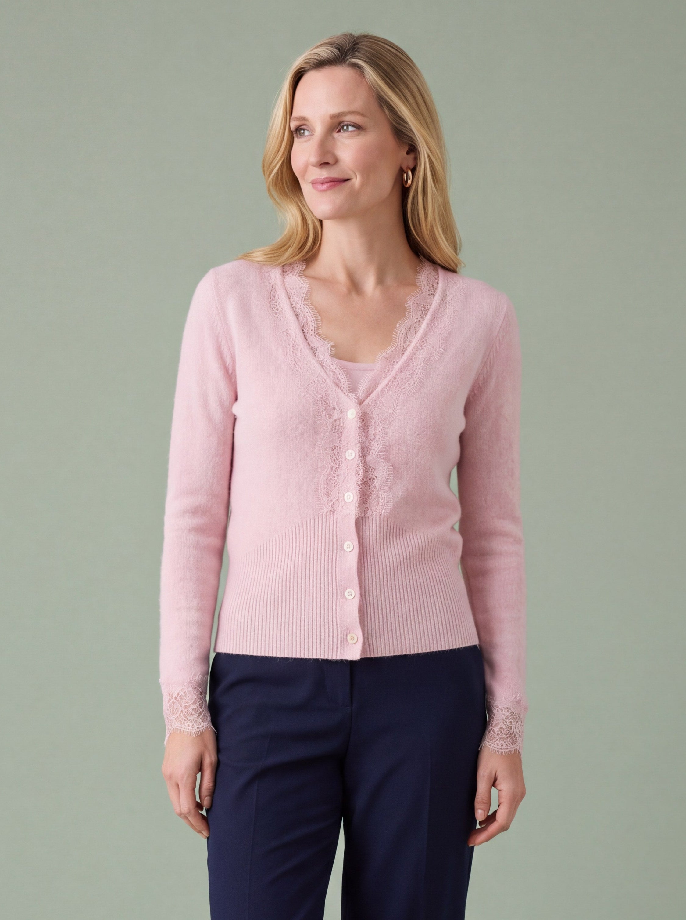 Melba Lane - pink fine knit cardigan with lace panels, full length view, AU women's sizes