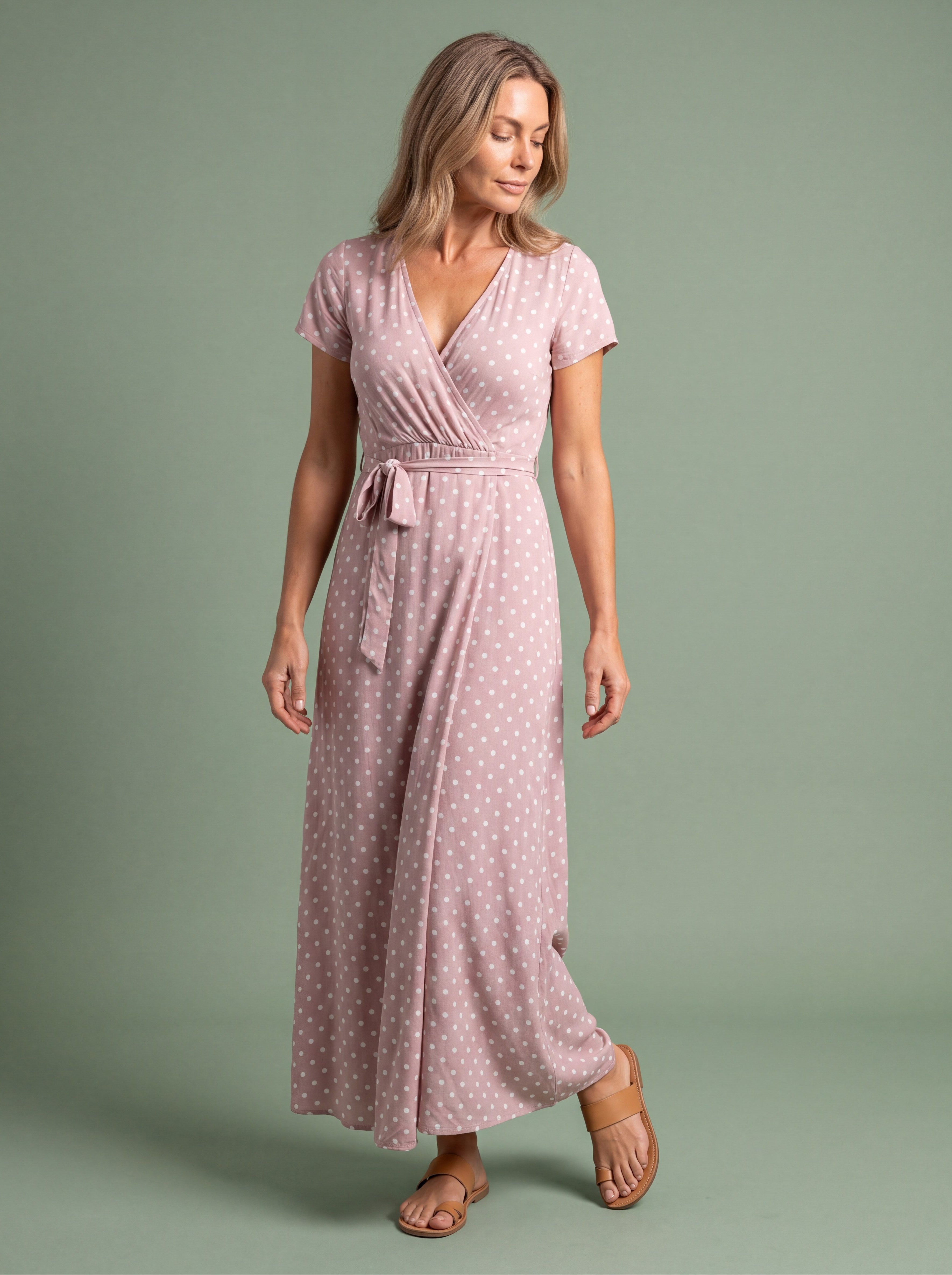 Melba Lane - pink polka dot wrap maxi dress with a tie waist, full length, AU women's sizes
