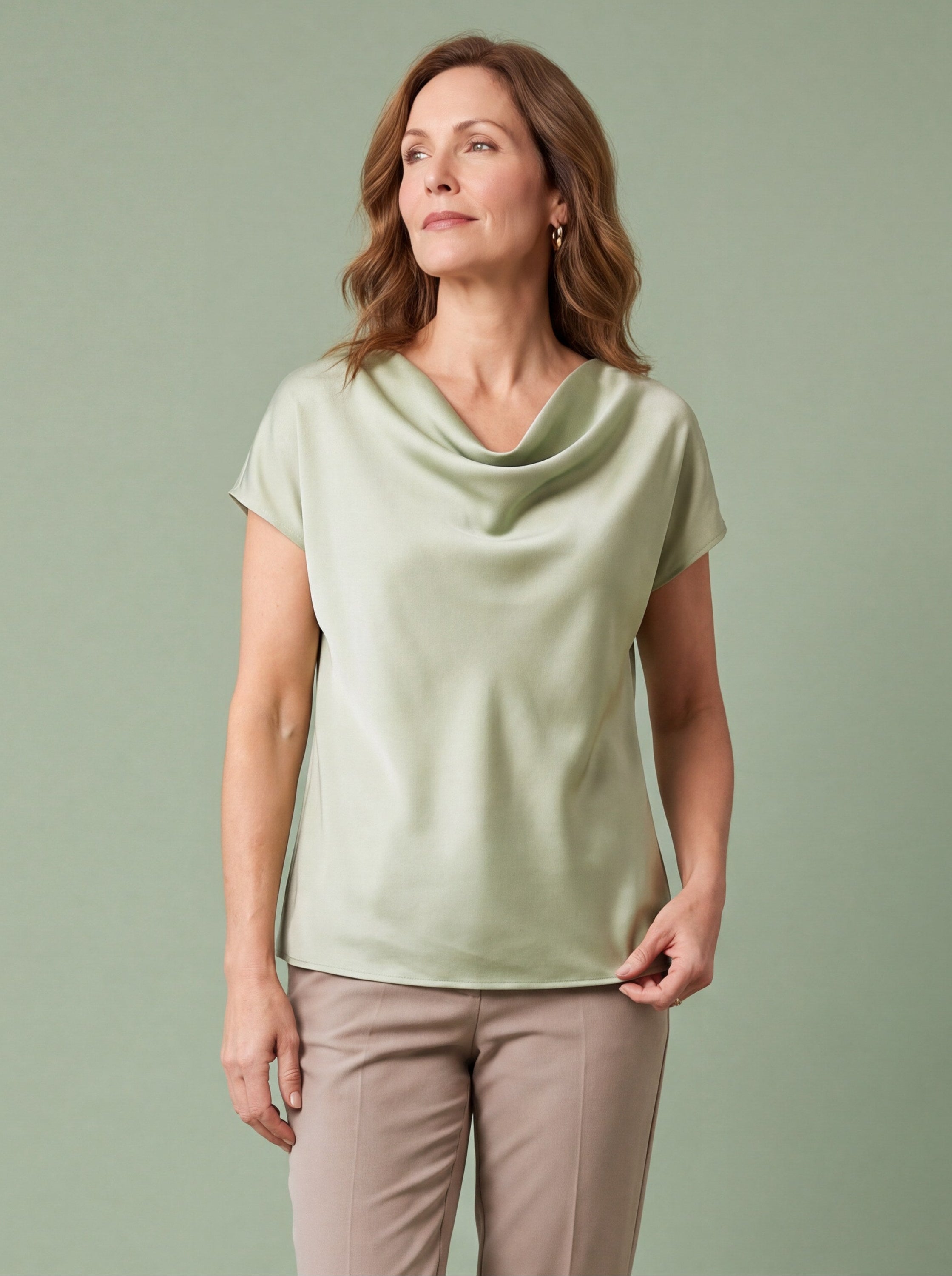Melba Lane - sage cowl neck satin top with short sleeves, full length view, AU women's sizes