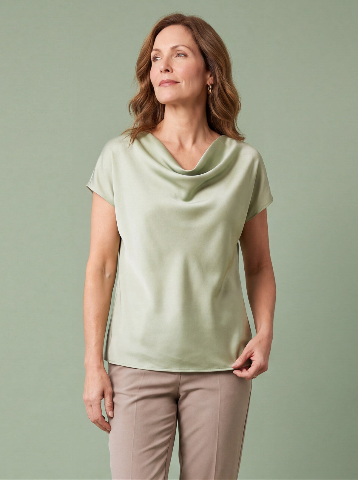 Melba Lane - sage cowl neck satin top with short sleeves, full length view, AU women's sizes