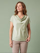Melba Lane - sage cowl neck satin top with short sleeves, full length view, AU women's sizes