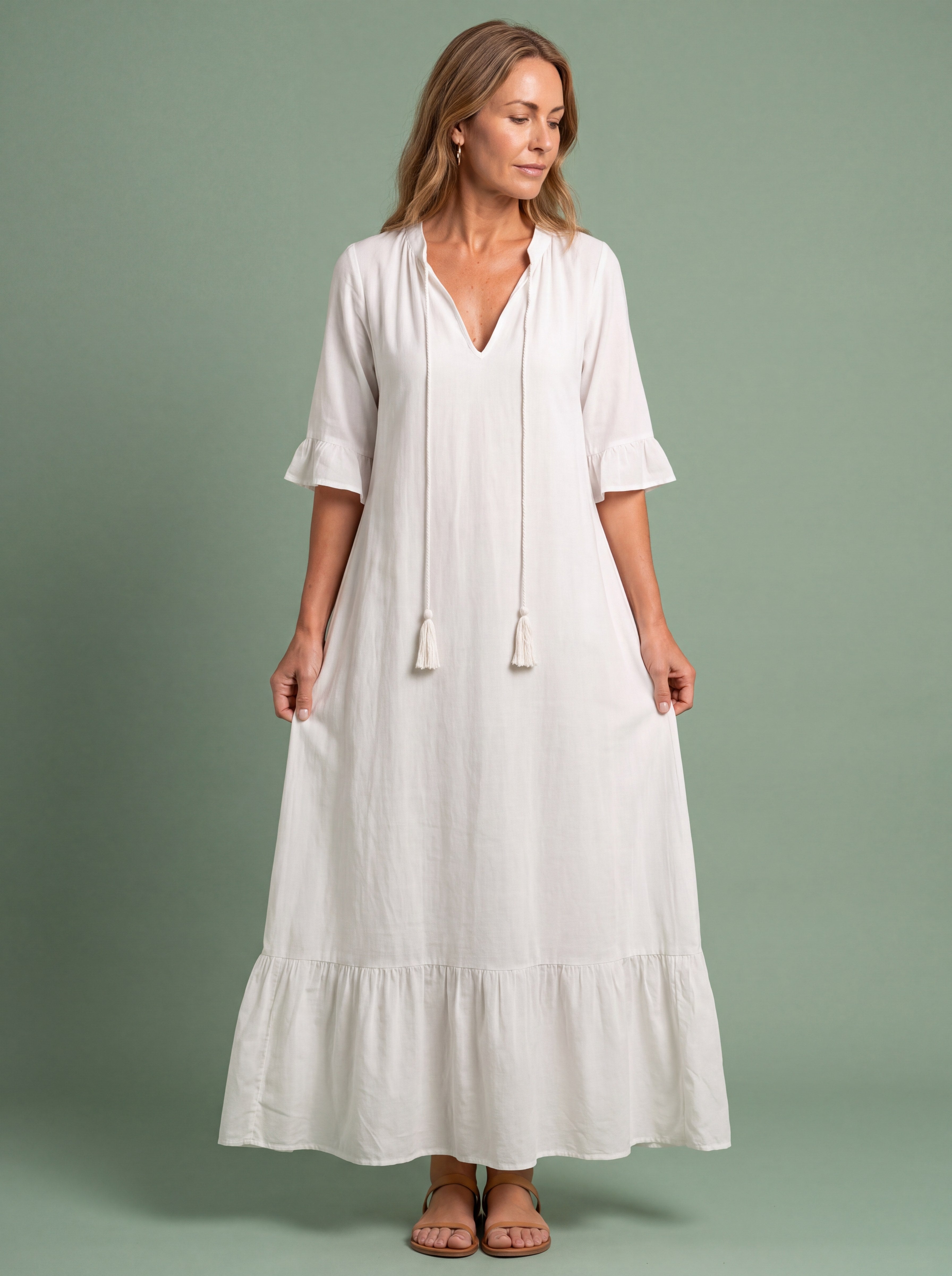 Melba Lane - white tiered print maxi dress with tassel tie, full length, AU women's sizes