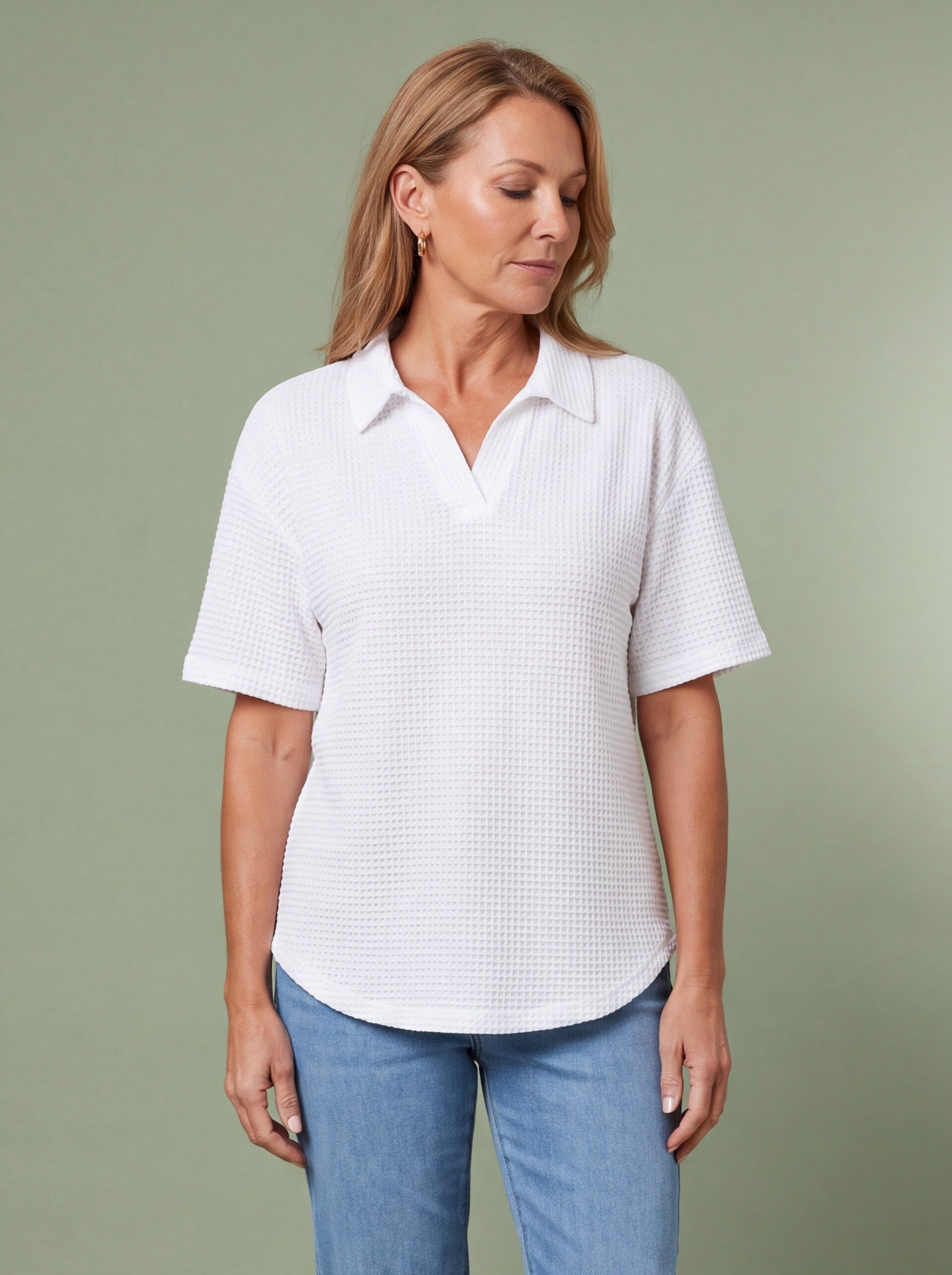 Melba Lane - white waffle knit polo top with collar, full length view, AU women's sizes