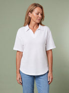 Melba Lane - white waffle knit polo top with collar, full length view, AU women's sizes