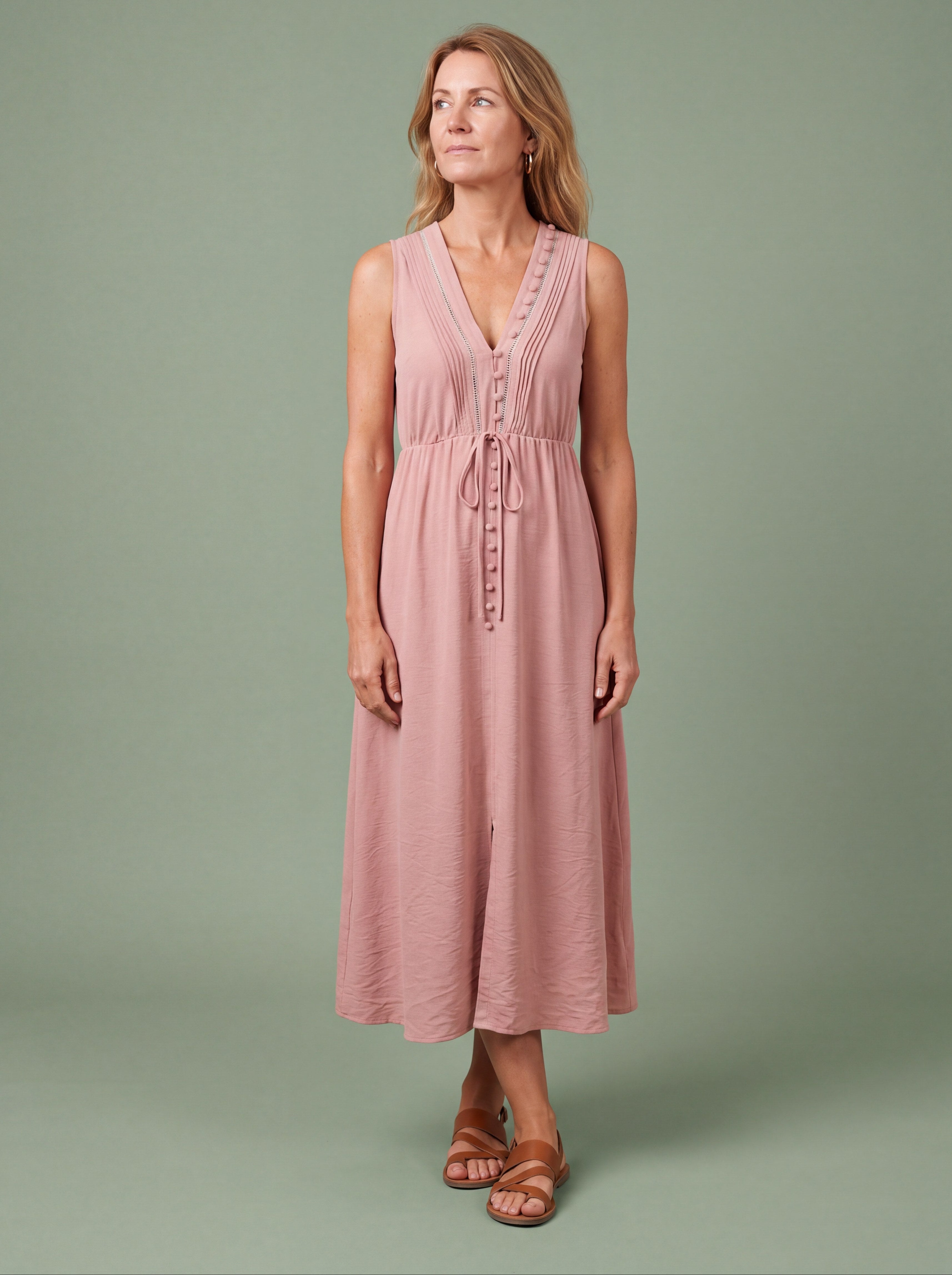 Melba Lane - pink sleeveless midi dress with a tie waist, full length view, AU women's sizes