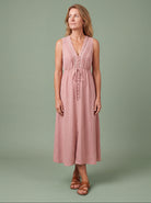 Melba Lane - pink sleeveless midi dress with a tie waist, full length view, AU women's sizes