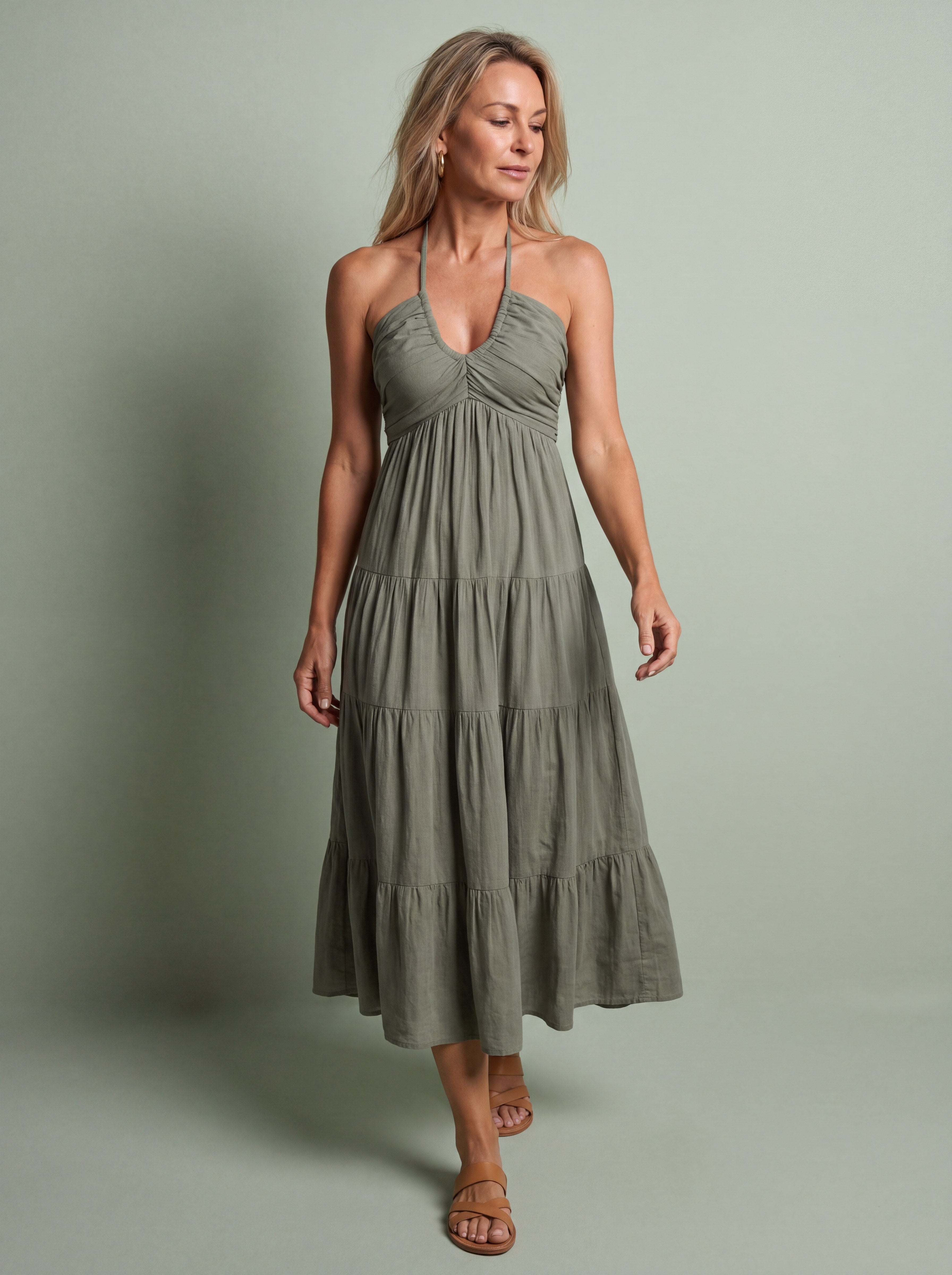 Melba Lane - green tiered smocked midi dress with flowy skirt, full length, AU women's sizes