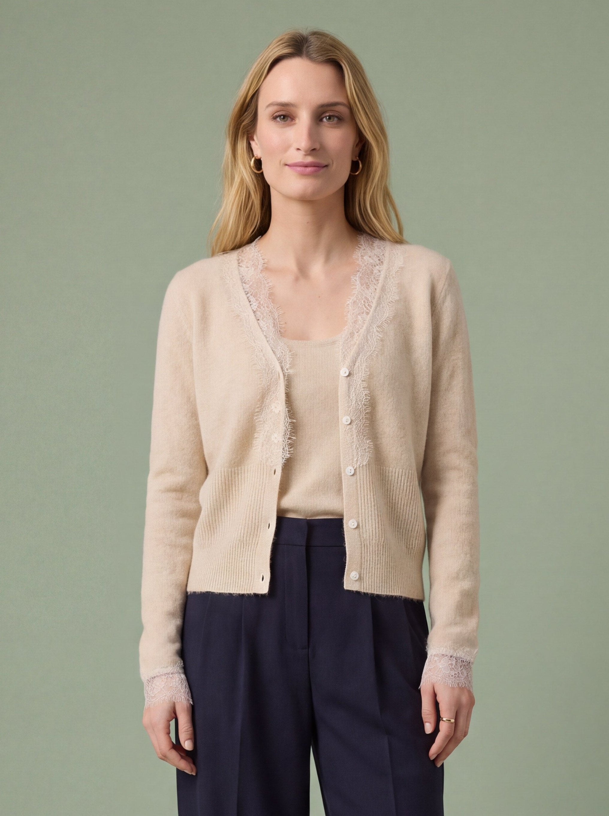 Melba Lane - olive fine knit cardigan with lace panels, full length view, AU women's sizes