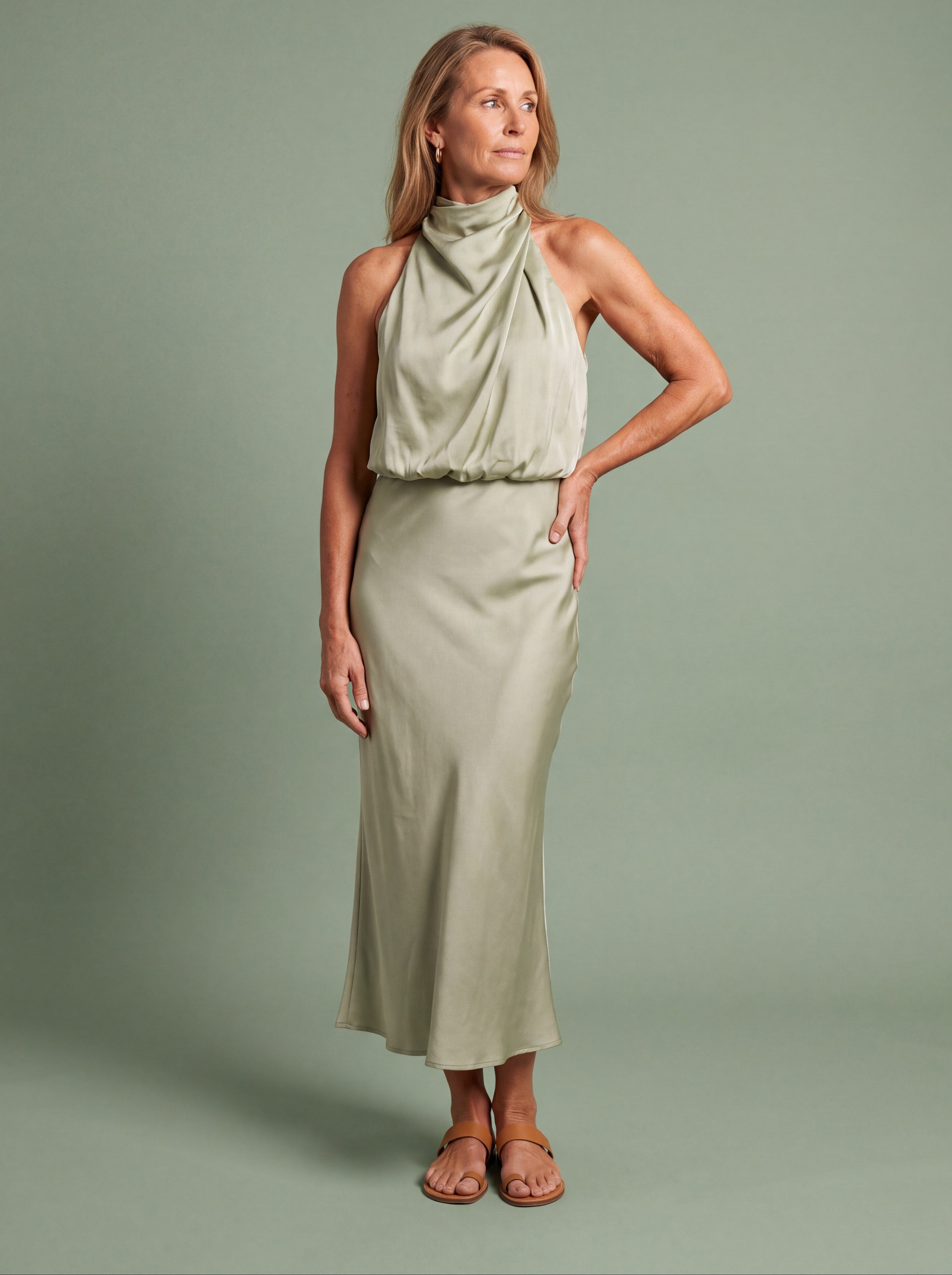 Melba Lane - green draped neck satin midi dress, full length studio view, AU women's sizes