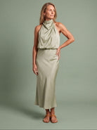 Melba Lane - green draped neck satin midi dress, full length studio view, AU women's sizes