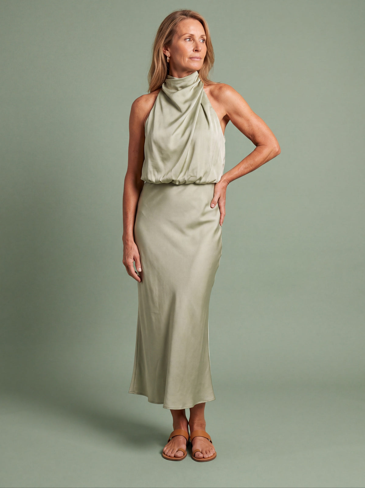 Melba Lane - green draped neck satin midi dress, full length studio view, AU women's sizes