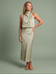 Melba Lane - green draped neck satin midi dress, full length studio view, AU women's sizes