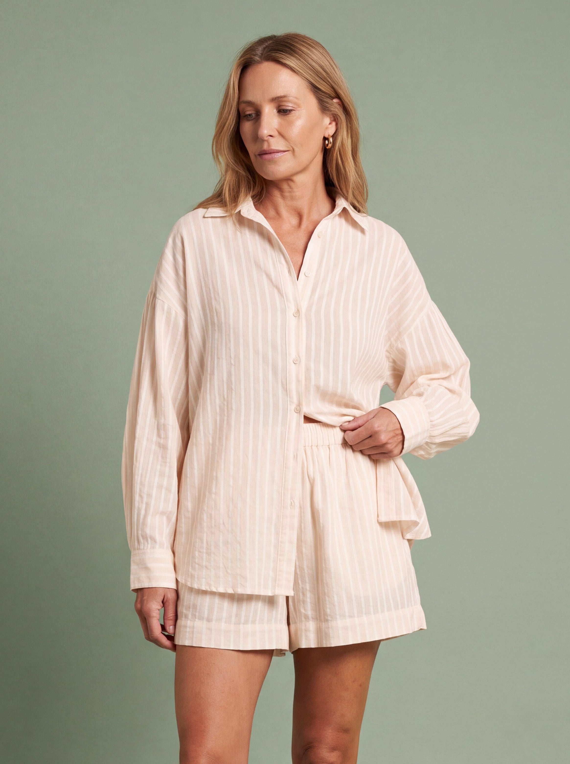 Melba Lane - orange striped shirt and shorts set worn as an outfit, full length, AU women's sizes
