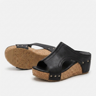 Margo & Main - black cork wedge sandals cutout and platform toe view, US women's sizes