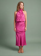 Melba Lane - pink draped neck satin midi dress, full length studio view, AU women's sizes