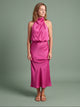 Melba Lane - pink draped neck satin midi dress, full length studio view, AU women's sizes