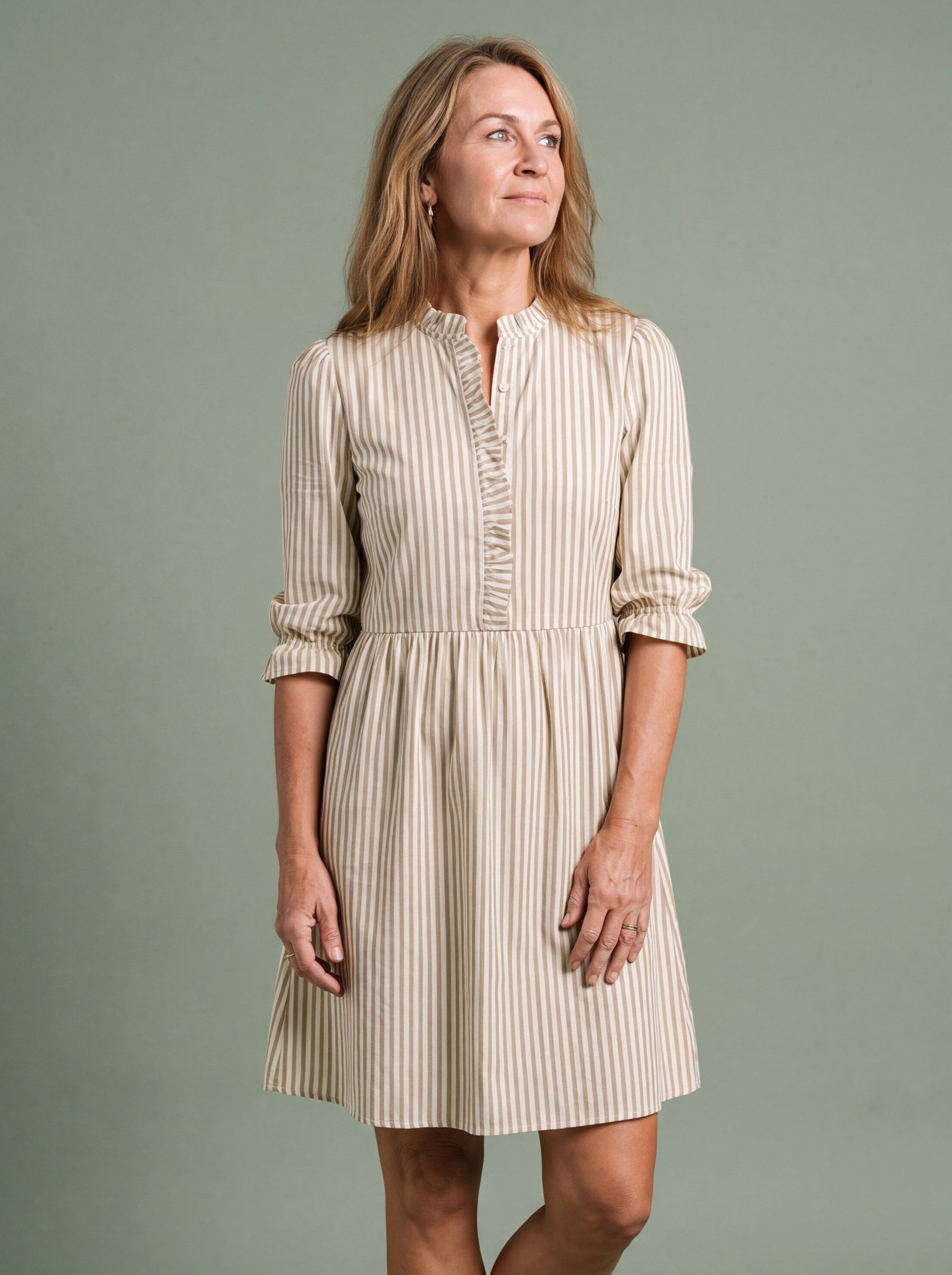 Melba Lane - olive striped A-line shirt dress with buttons, full length, AU women's sizes